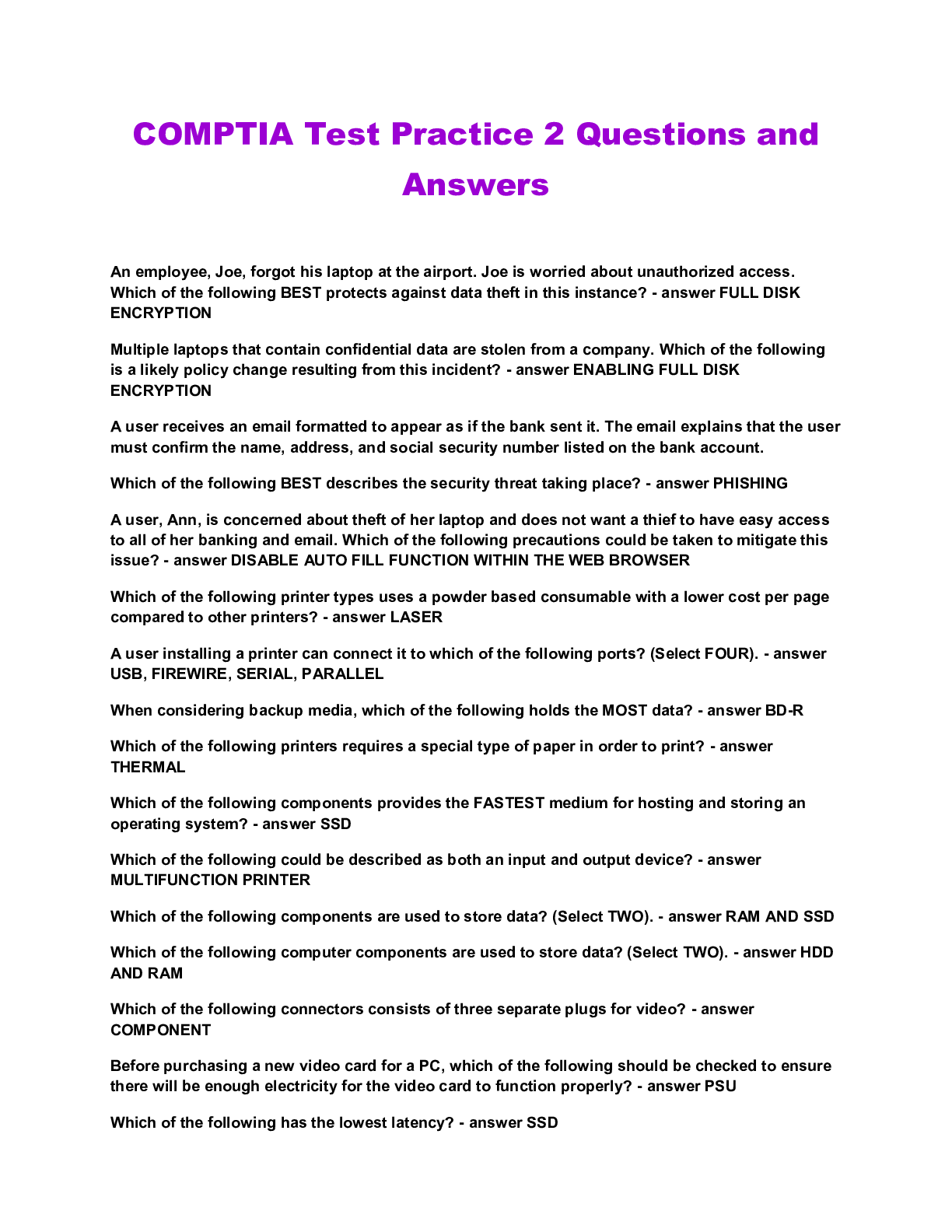 Preview image of COMPTIA Test Practice 2 Questions and Answers document